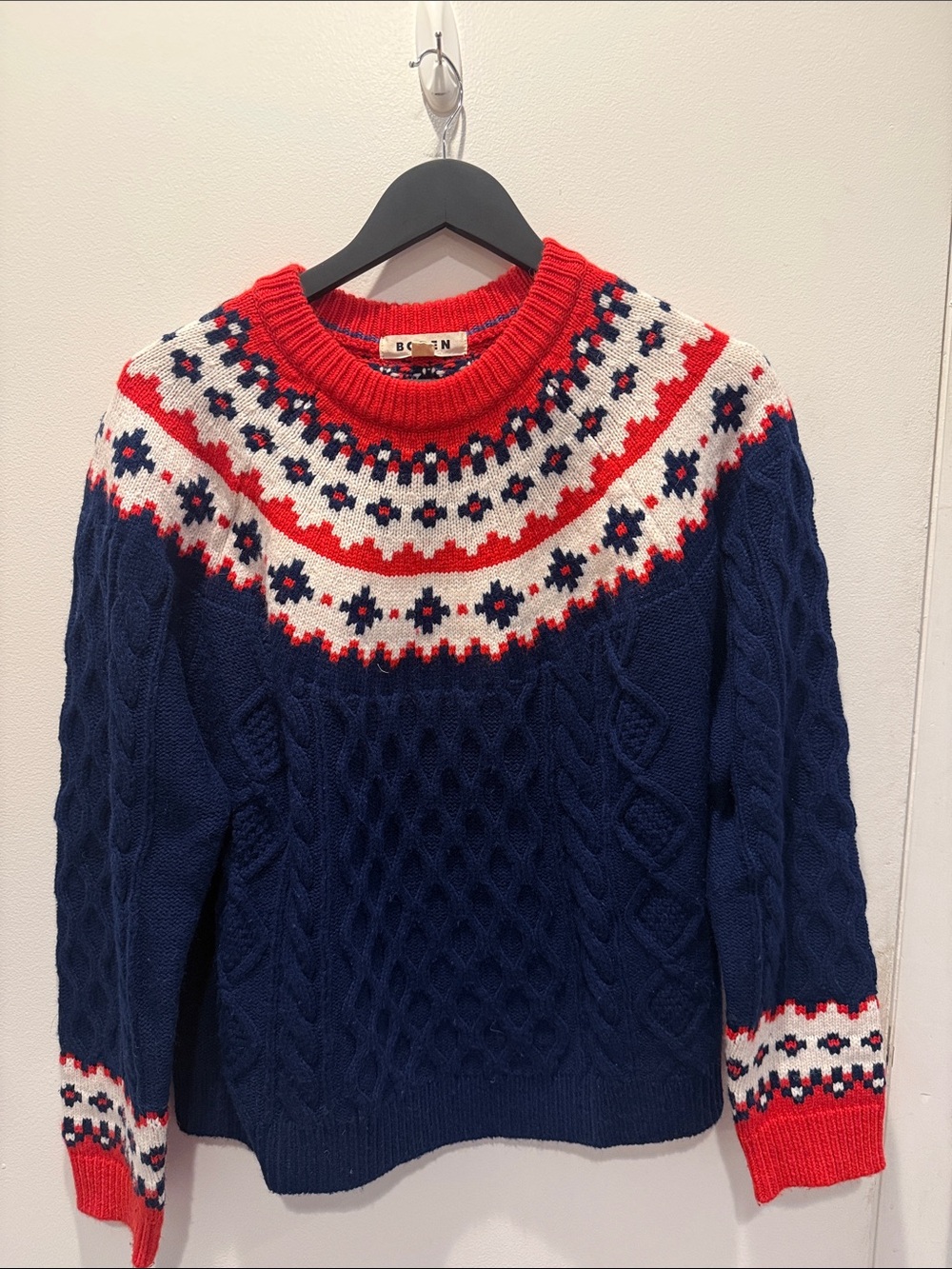 Boden Navy, Red & White Fair Isle Cable-Knit Crewneck Sweater